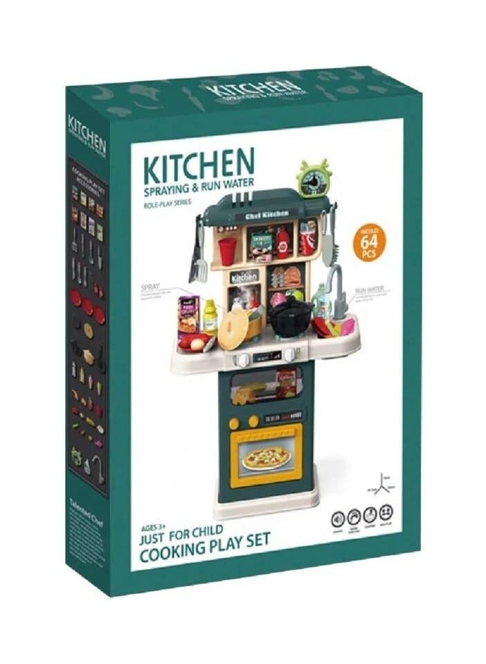 Toon Toyz 64 Pcs Kids Kitchen Play Set with Realistic Cooking Sounds, Spraying & Run Water Function | Pretend Chef Role Play Kitchen Set for Kids | Storage & Accessories | Gift for Boys & Girls Age 3+ (Green) - Image 2