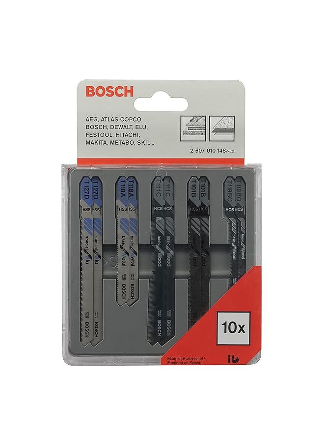 BOSCH Jigsaw Blade 10 Piece Mixed Set Perfect For Cutting Through High Strength Steels Woods Plastics Use With Jigsaws With T Shank Clamping Systems - Image 1