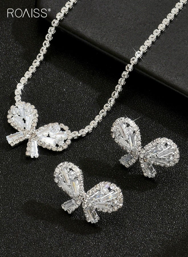 رويس طقم مجوهرات رائع من قطعتين على شكل فيونكة من الكريستال، وقلادة سلسلة تنس مرصعة بأحجار الراين وأقراط مرصعة بالمسامير، وقلادة على شكل فيونكة من الكريستال العتيق، وقلادة تشوكر وأقراط أذن، ومجموعات مجوهرات لحفلات الزفاف والحفلات الراقصة للنساء - Image 3