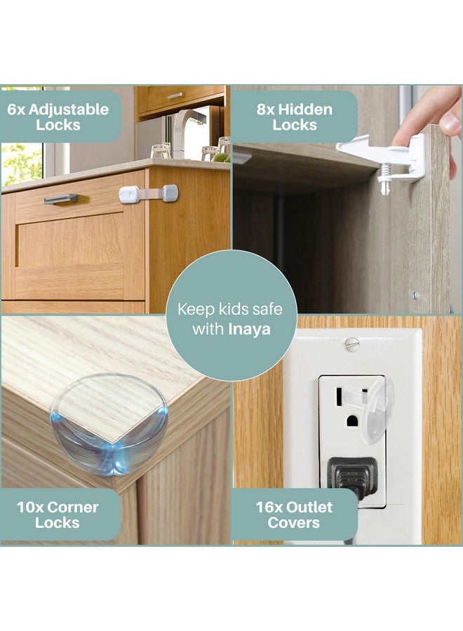 Inaya Complete Baby Proofing Kit - Child Safety Hidden Locks for Cabinets & Drawers, Adjustable Safety Latches, Corner Guards and Outlet Covers - Baby Proof Pack to Keep Your Child Safe at Home - Image 2