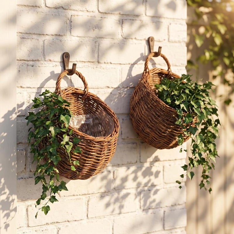 PRETYZOOM 2Pcs Small Woven Rattan Flower Baskets Wall Mounted Decorative Hanging Planters for Home Wedding Garden Indoor Outdoor Wall Decor - Image 2