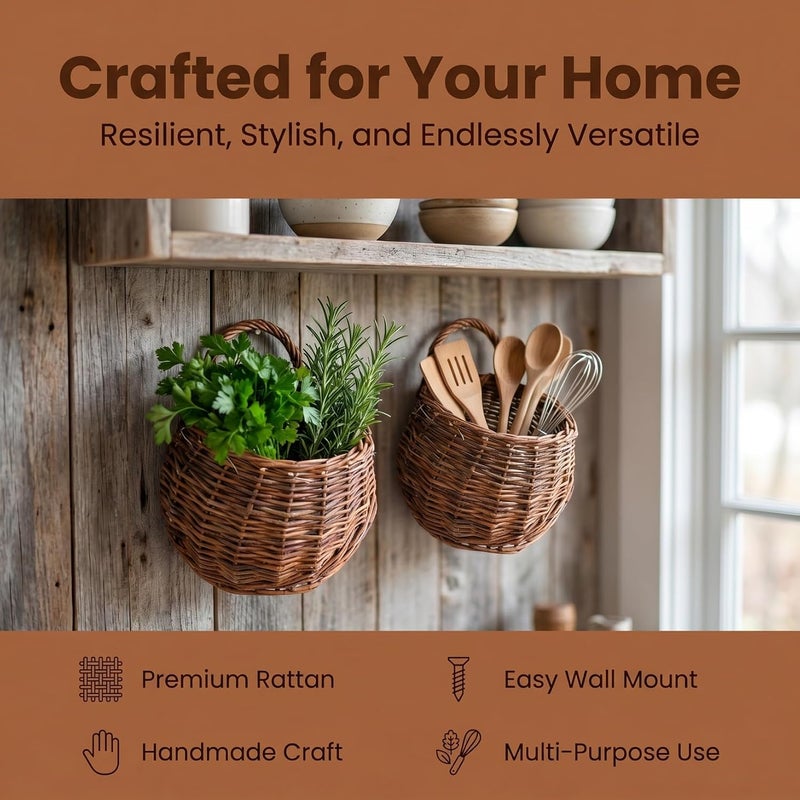 PRETYZOOM 2Pcs Small Woven Rattan Flower Baskets Wall Mounted Decorative Hanging Planters for Home Wedding Garden Indoor Outdoor Wall Decor - Image 3