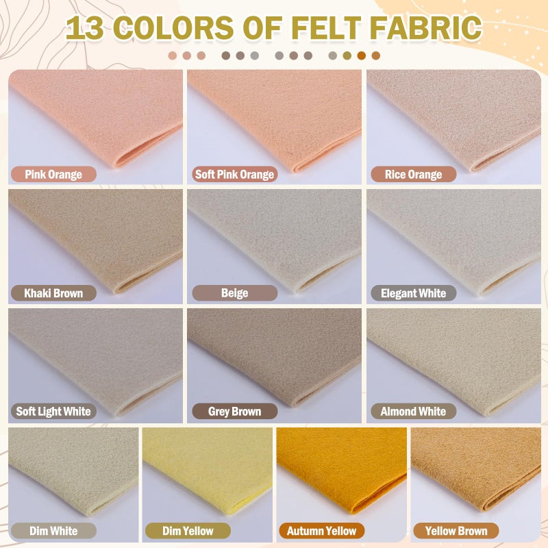 XSEINO 13 Rolls 8"x35" 1.4mm Thick Soft Felt Fabric Sheet 13 Assorted Light Brown Series Colors Felt Pack for DIY Craft Sewing Squares Nonwoven Patchwork - Image 2