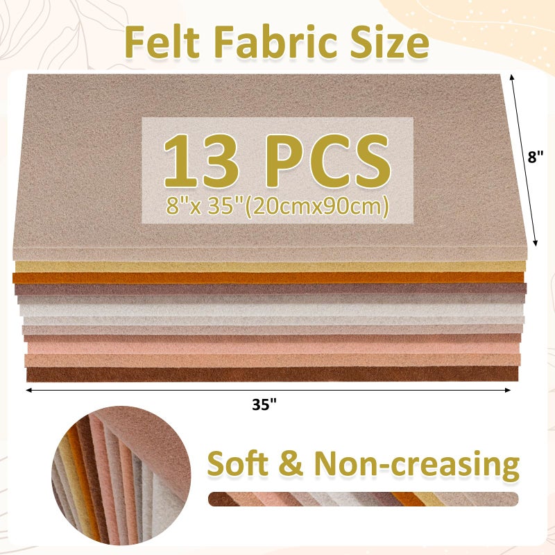 XSEINO 13 Rolls 8"x35" 1.4mm Thick Soft Felt Fabric Sheet 13 Assorted Light Brown Series Colors Felt Pack for DIY Craft Sewing Squares Nonwoven Patchwork - Image 3