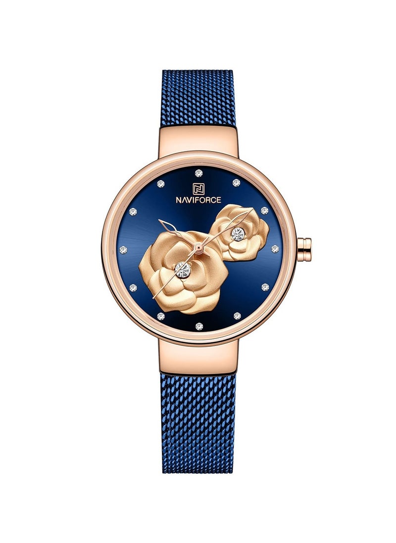 NAVIFORCE Elegant Women's Quartz Watch Stylish Round Dial with Floral Embossed Design Crystal Hour Markers Stainless Steel Mesh Strap Fashionable Timepiece for Everyday Wear and Special Occasions  - Image 1