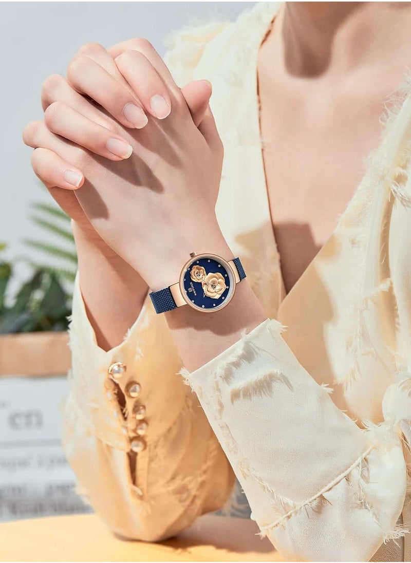 NAVIFORCE Elegant Women's Quartz Watch Stylish Round Dial with Floral Embossed Design Crystal Hour Markers Stainless Steel Mesh Strap Fashionable Timepiece for Everyday Wear and Special Occasions  - Image 3