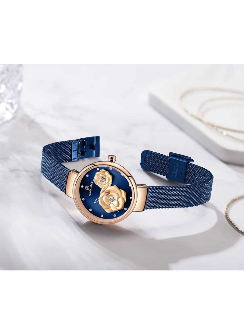 NAVIFORCE Elegant Women's Quartz Watch Stylish Round Dial with Floral Embossed Design Crystal Hour Markers Stainless Steel Mesh Strap Fashionable Timepiece for Everyday Wear and Special Occasions  - Image 5