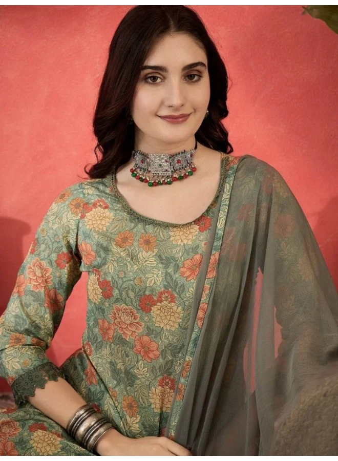 أيه كيه إس Green Floral Lace Detail Printed Kurta Set With Dupatta