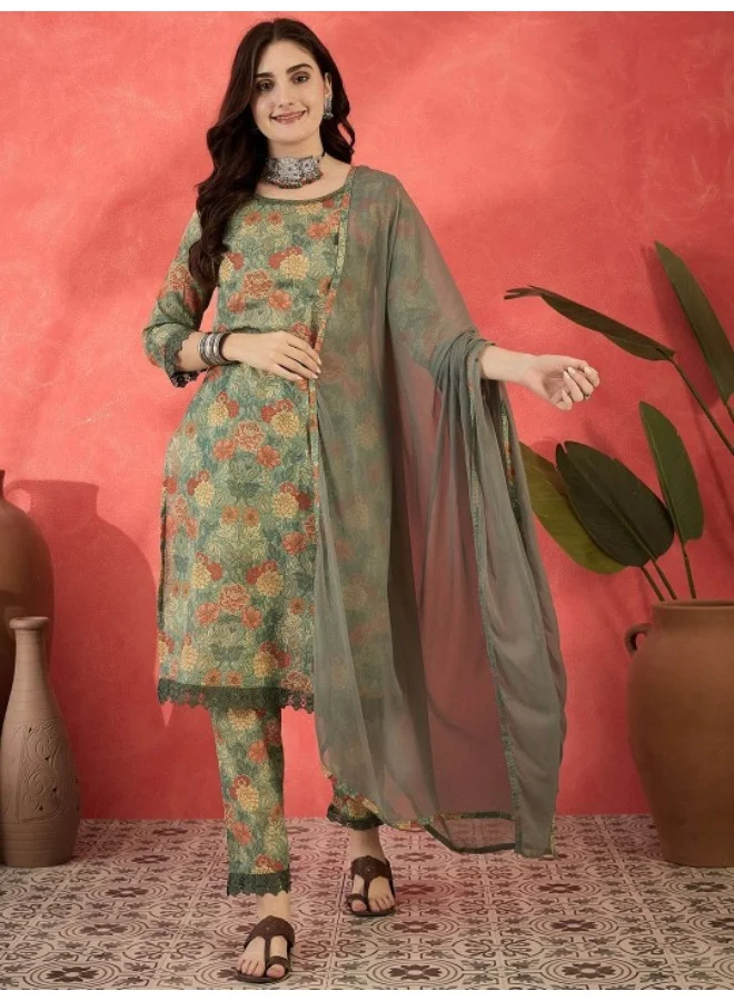 أيه كيه إس Green Floral Lace Detail Printed Kurta Set With Dupatta
