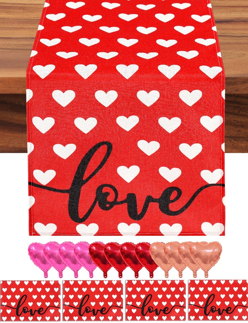 multiwins Red Love Heart Valentine's Day Table Runner 13"x72" & 4 Pcs 12"x18" Placemats Sets with 12 Heart Balloons, Love Letter Balloons, Stickers & Blowing Straw for Home Party Decor - Image 1