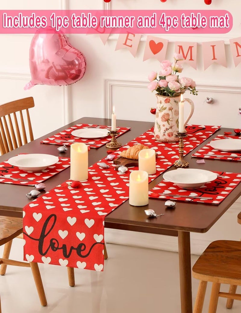 multiwins Red Love Heart Valentine's Day Table Runner 13"x72" & 4 Pcs 12"x18" Placemats Sets with 12 Heart Balloons, Love Letter Balloons, Stickers & Blowing Straw for Home Party Decor - Image 3