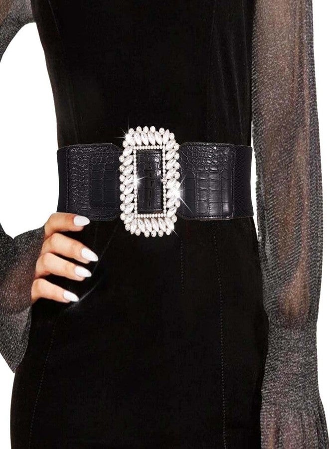 Yalice Women Rhinestone Belts for Dress Wide Elastic Waist Belt Sparkly Stretchy Belt with Big Buckle (Black, Fit Waist Belt: 32''-37'') - Image 1