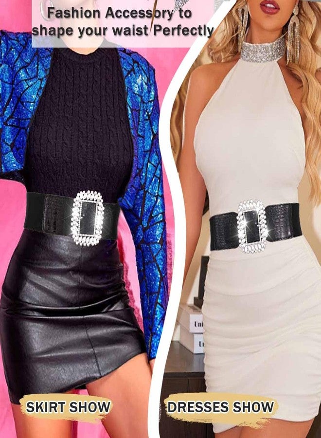 Yalice Women Rhinestone Belts for Dress Wide Elastic Waist Belt Sparkly Stretchy Belt with Big Buckle (Black, Fit Waist Belt: 32''-37'') - Image 3