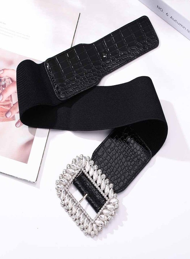Yalice Women Rhinestone Belts for Dress Wide Elastic Waist Belt Sparkly Stretchy Belt with Big Buckle (Black, Fit Waist Belt: 32''-37'') - Image 2