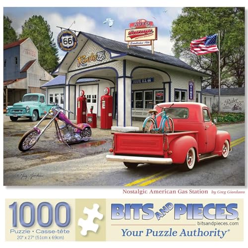 Bits and Pieces 1000 Piece Puzzles for Adults Nostalgic American Gas Station Large 20 x 27 Jigsaw Puzzles 1000 Pieces Vintage Cars Summer Scene No 2 Pieces Alike - Image 1