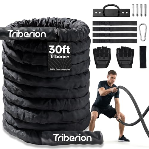 Triberion Battle Rope For Home Gym Workout - 1.26 Inch 30ft Heavy Weighted Training Exercise Ropes Fitness Equipment With Sleeve And Anchor Strap Kit For Outdoor Working Out - Image 1