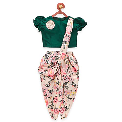 LILPICKS Girls' Satin Floral Print Puff Sleeves Top Dhoti Saree Set (Green & Multicolor, 1-2Y) - Image 1