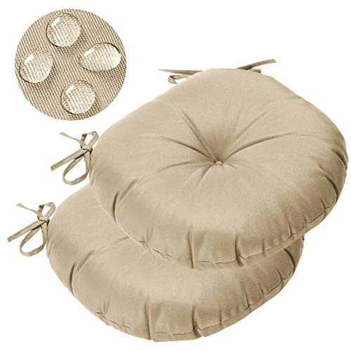 GUEGLSA Outdoor Tufted Round Cushions 15 inch, Waterproof Bistro Chair Cushions 15"x15"x3", Circular Seat Pads with Ties for Patio Garden, Set of 2, Khaki - Image 1