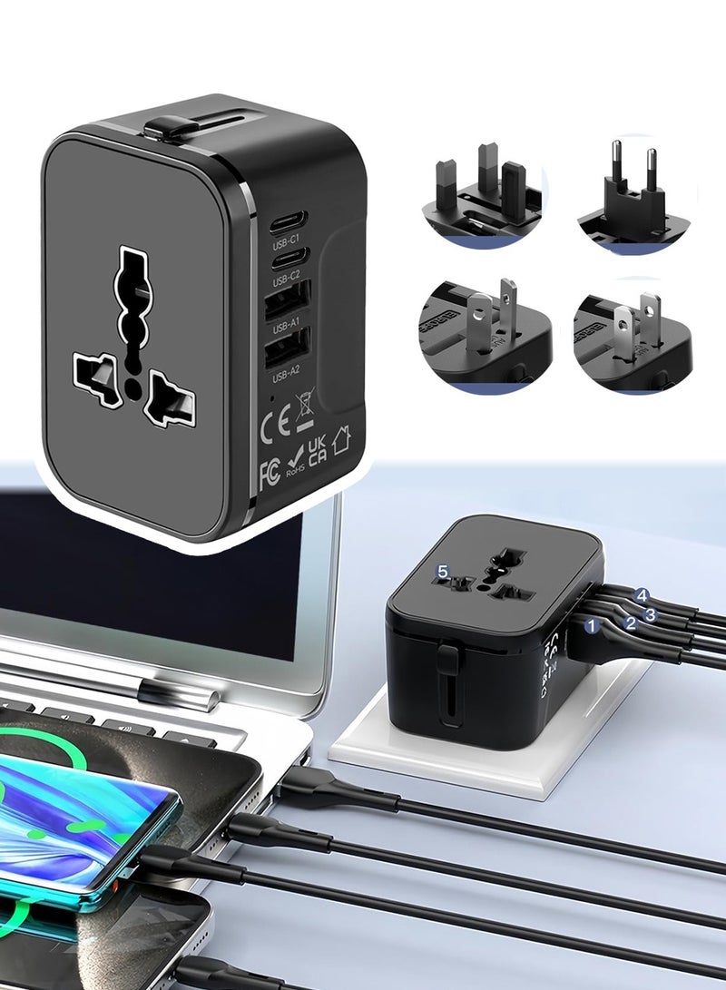 All-in-One Universal Travel Adapter,International Converter Wall Charger AC Plug Adaptor with 2 PD20W USB-C u0026 2 QC18W USB-A Ports,4 Plug Types with Safety Door Fuse for US UK EU AU Asia - Image 1