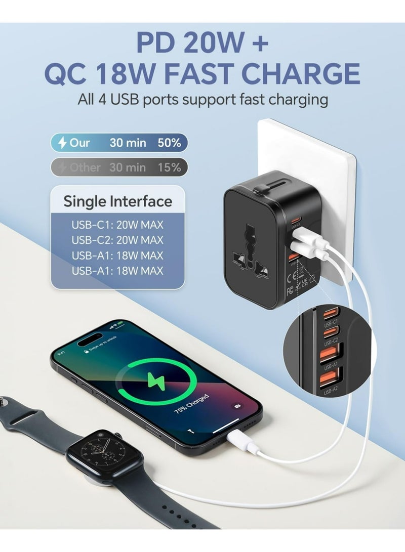 All-in-One Universal Travel Adapter,International Converter Wall Charger AC Plug Adaptor with 2 PD20W USB-C u0026 2 QC18W USB-A Ports,4 Plug Types with Safety Door Fuse for US UK EU AU Asia - Image 2