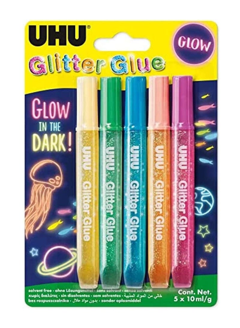 UHU 5-Piece Glow In The Dark Brilliant Glitter Glue Multicolour - Image 1