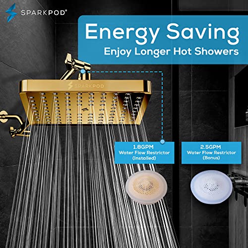 SparkPod Shower Head - High Pressure Rain - Premium Quality Luxury Design - 1-Min Install - Easy Clean Adjustable Replacement for Your Bathroom Shower Heads (Egyptian Gold, 8 Inch Square) - Image 3