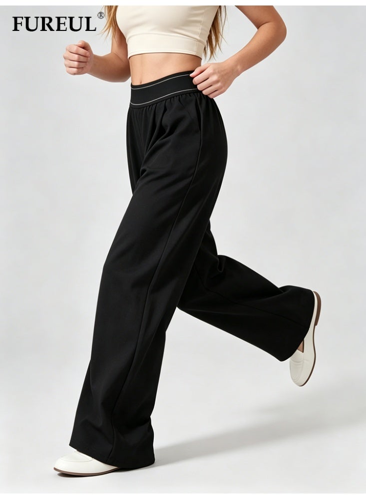 FUREUL Women High Waist Wide Leg Casual Pants, Stitched Elastic Waistband Loose Fit Trousers with Side Pockets, Lightweight Quick Dry Sports Sweatpants for Daily Gym Streetwear - Black - Image 3