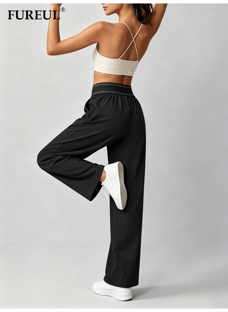 FUREUL Women High Waist Wide Leg Casual Pants, Stitched Elastic Waistband Loose Fit Trousers with Side Pockets, Lightweight Quick Dry Sports Sweatpants for Daily Gym Streetwear - Black - Image 5