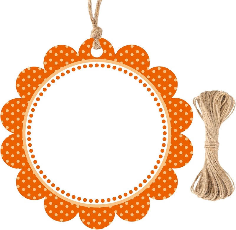 g2plus 50PCS Orange Scalloped Gift Tags, 2.5in Round Scalloped Gift Tags with String, Large Blank Paper Hanging Labels Craft Tag with Orange and White Polka Dots Edge Design for Arts Crafts Packaging - Image 1