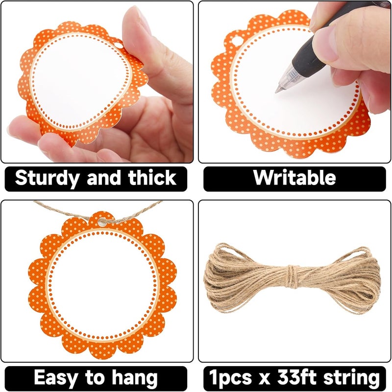 g2plus 50PCS Orange Scalloped Gift Tags, 2.5in Round Scalloped Gift Tags with String, Large Blank Paper Hanging Labels Craft Tag with Orange and White Polka Dots Edge Design for Arts Crafts Packaging - Image 3
