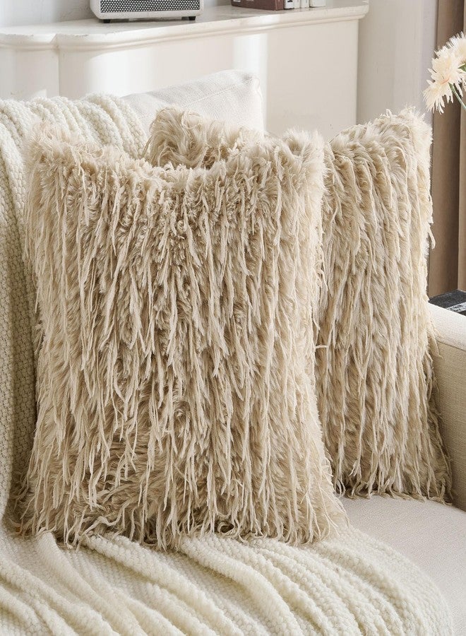 FUTEI Apricot Decorative Throw Pillow Covers 18x18 Inch Set of 2,Soft Fluffy Faux Feather Texture Cushion Cases,Modern Home Luxury Decor for Couch Bed Living Room - Image 1