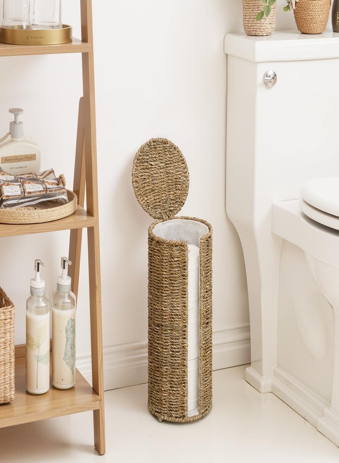StorageWorks Seagrass Free Standing Toilet Paper Holder Stand for Bathroom, 3 Rolls of Toilet Tissue Storage with a Built-in Cloth Lining, Toilet Roll Holder Stand with Lid - Image 2