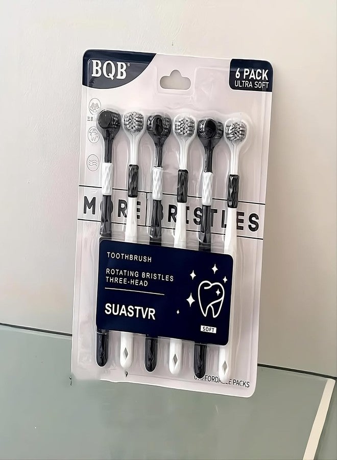 QUEBERS (PACK OF-6) Toothbrush with Rotating Bristles Three-Head, Ultra Soft, 3 Sided Rotating Soft Bristles Toothbrush | 360-Degree Three-Sided Teeth and Tongue Cleaning, Gum Protection and Deep Cleaning - Image 1