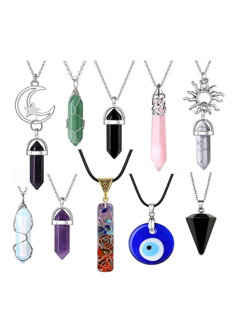 SYOSI Crystal Pendant Necklace, 10Pcs Healing Amethyst Crystals, Carnelian Chakra Necklaces Evil Eye Necklace, Rose Quartz Obsidian Moon Sun Jewelry Heart Gemstone Aventurine Turquoise Pendant for Women - Image 1