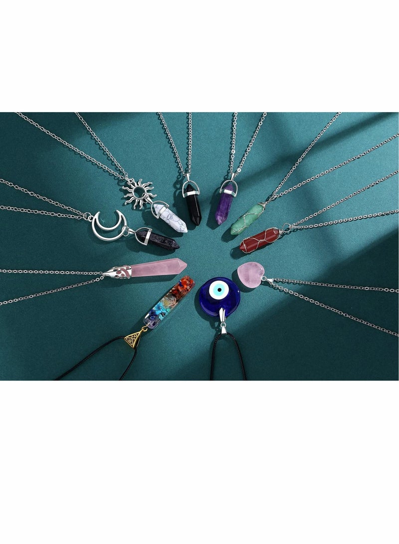 SYOSI Crystal Pendant Necklace, 10Pcs Healing Amethyst Crystals, Carnelian Chakra Necklaces Evil Eye Necklace, Rose Quartz Obsidian Moon Sun Jewelry Heart Gemstone Aventurine Turquoise Pendant for Women - Image 2