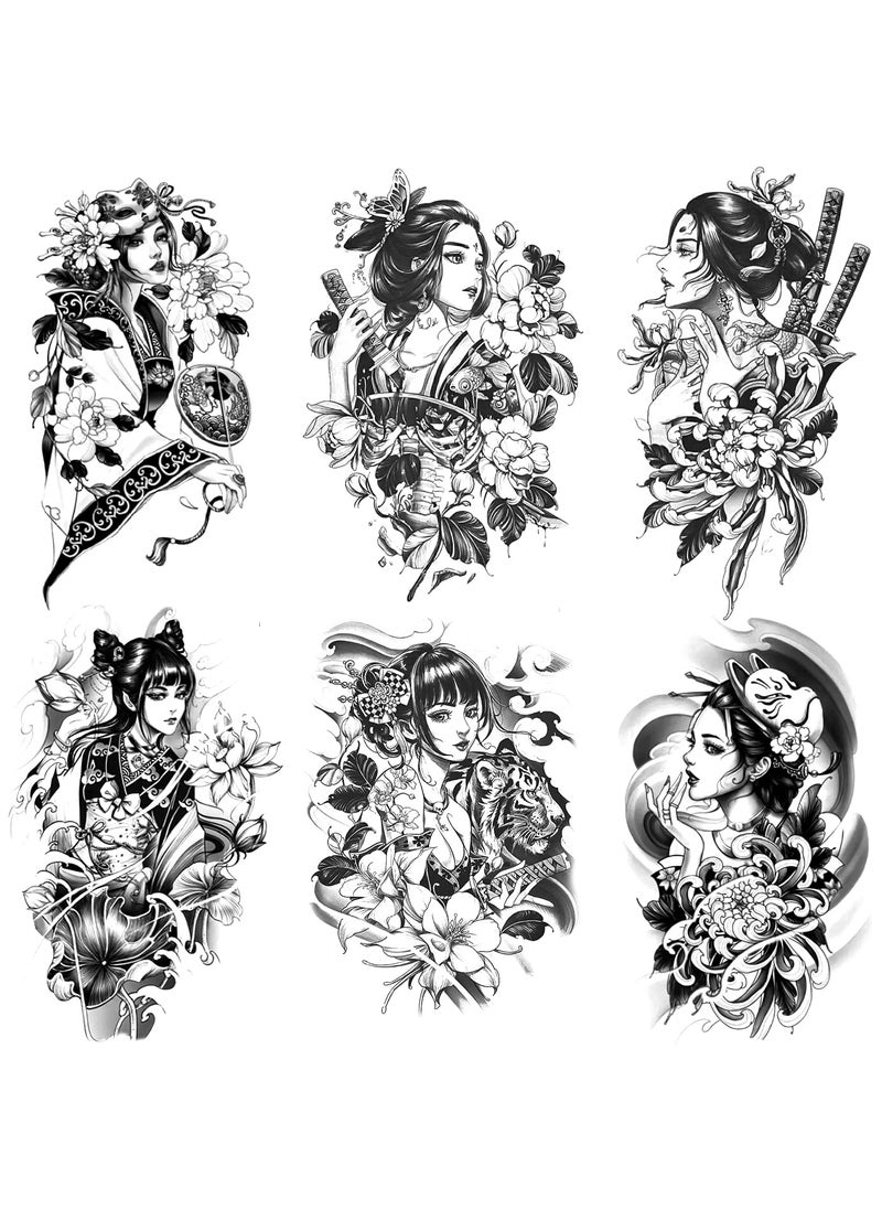 Oottati 6 Sheets Arm Fake Waterproof Body Art Temporary Tattoos Stickers Black Japanese Geisha Samurai Women Flower Lotus 
