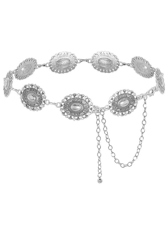 Topbuti Western Oval Concho Chain Belt For Women Metal Waist Chain Belt For Dresses Jeans Western Cowgirl (Style 1, Silver)  - Image 1