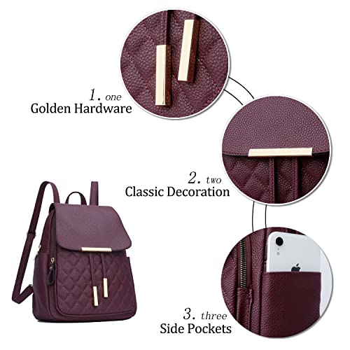 KKXIU Quilted Trendy Leather Backpack Purse for Women and Ladies Shoulder Travel Daypacks Bags (Wine) - Image 3