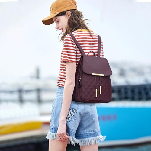 KKXIU Quilted Trendy Leather Backpack Purse for Women and Ladies Shoulder Travel Daypacks Bags (Wine) - Image 2