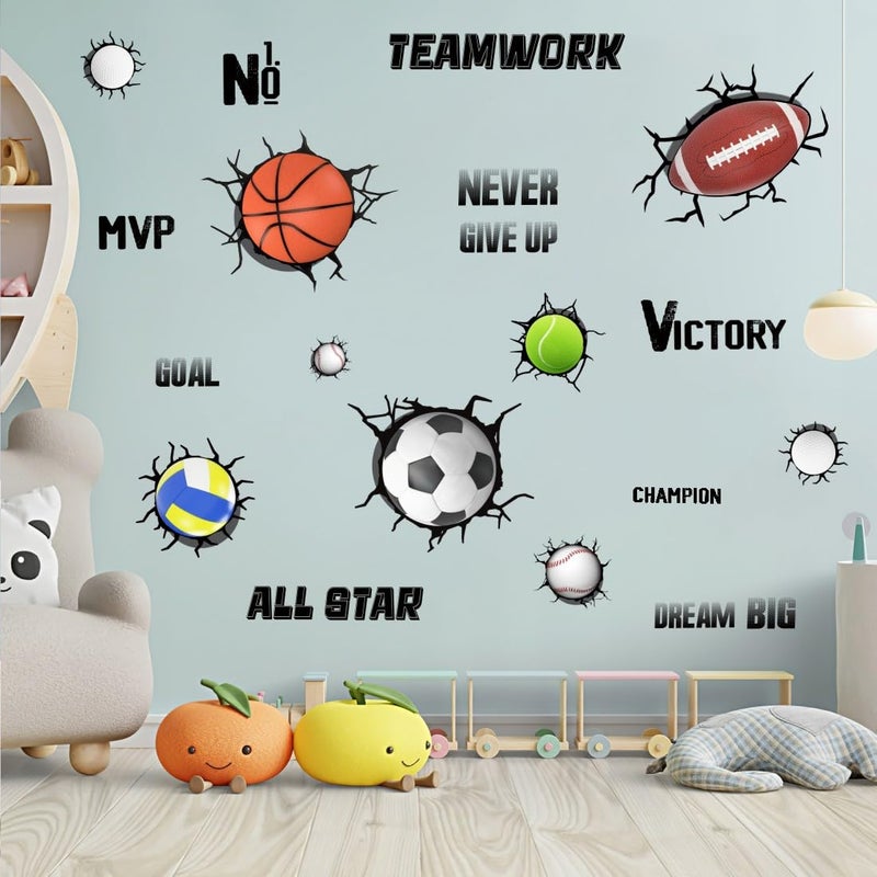 YIMEHDAN 3D Sport Balls Wall Decals Football Volleyball Rugby Basketball Tennis Vinyl Wall Stickers Removable Sports Break Through The Wall Artwork for Boys Bedroom Playroom Decor