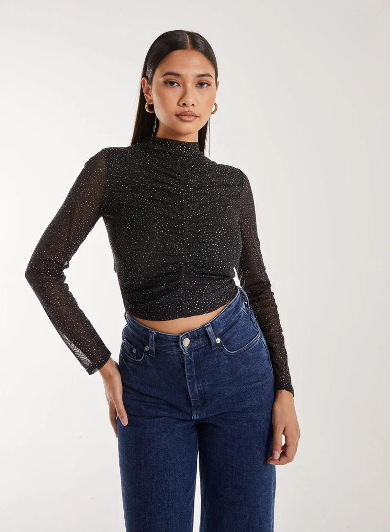 Pink Vanilla  Sparkle Long Sleeve Mesh Top for Women | Best Price UAE
