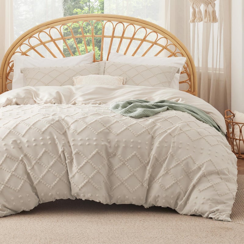 Bedsure Boho Duvet Cover Queen Size with Fitted Sheet Boho Bedding Comforter Set 4 Pieces Includes 1 Duvet Cover 90x90 with Zipper Closure 2 Pillow Shams 1 Fitted Sheet Beige