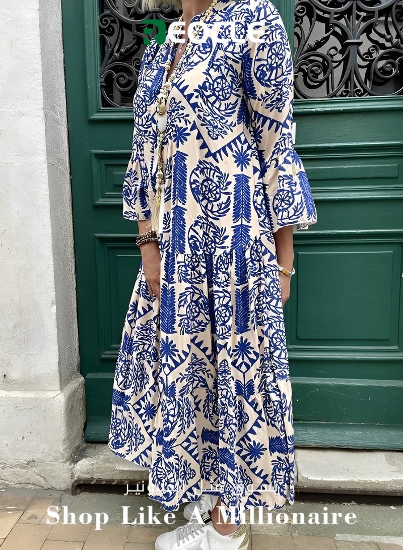 REOCLE Women's Maxi Dress Flowy Bohemian Dresses Long Sleeve Cotton V-Neck Button Up Floral Print Long Dresses - Image 1