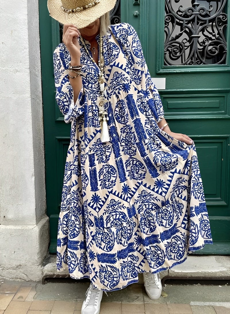 REOCLE Women's Maxi Dress Flowy Bohemian Dresses Long Sleeve Cotton V-Neck Button Up Floral Print Long Dresses - Image 4