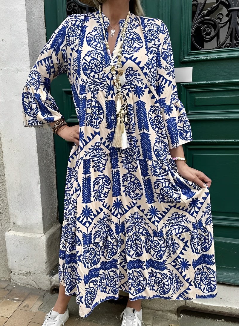 REOCLE Women's Maxi Dress Flowy Bohemian Dresses Long Sleeve Cotton V-Neck Button Up Floral Print Long Dresses - Image 3