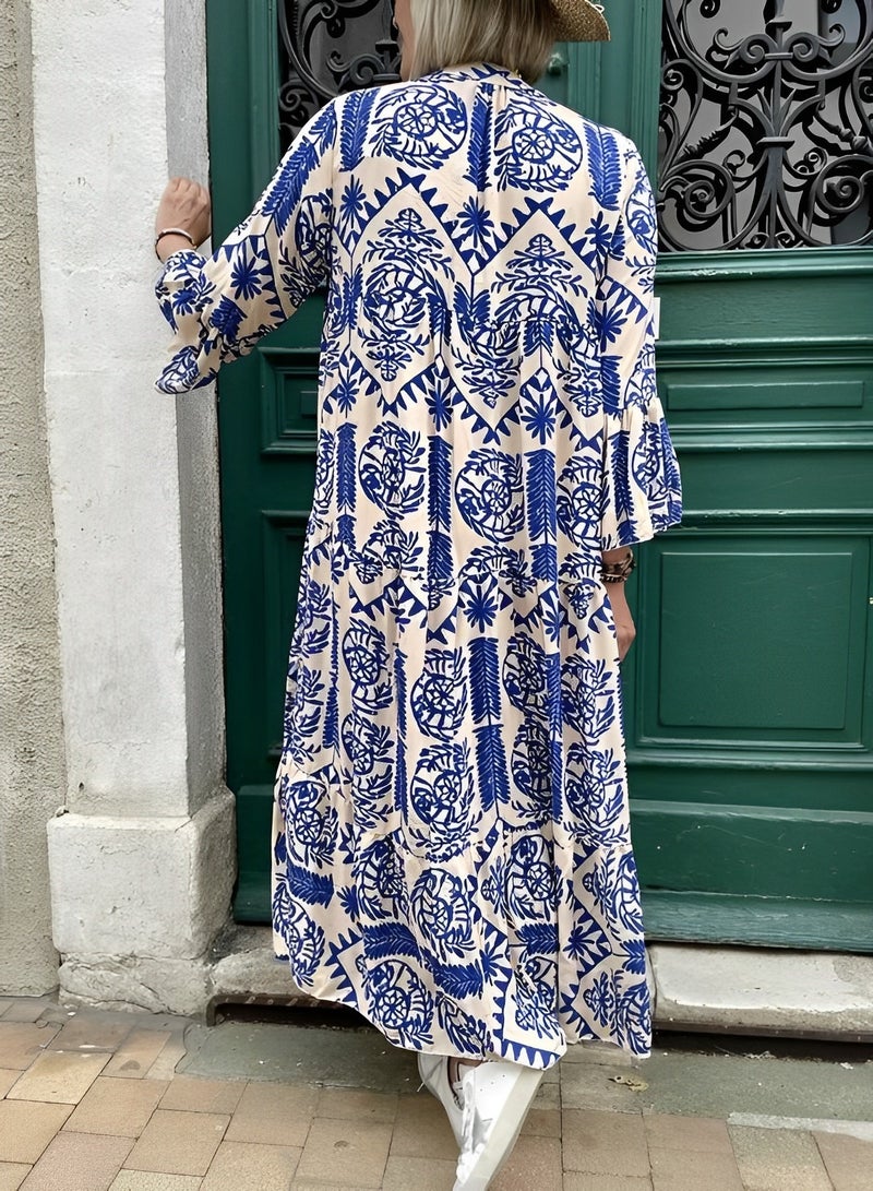 REOCLE Women's Maxi Dress Flowy Bohemian Dresses Long Sleeve Cotton V-Neck Button Up Floral Print Long Dresses - Image 5