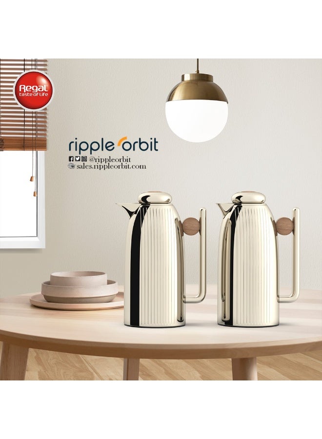 ريجال من ريبل طقم ترامس 1 لتر + 1 لتر عازل حراري – ستانلس ستيل مزدوج الجدار مع بطانة زجاجية، حافظ للقهوة والشاي الساخن والبارد (قطعتين) - Image 2