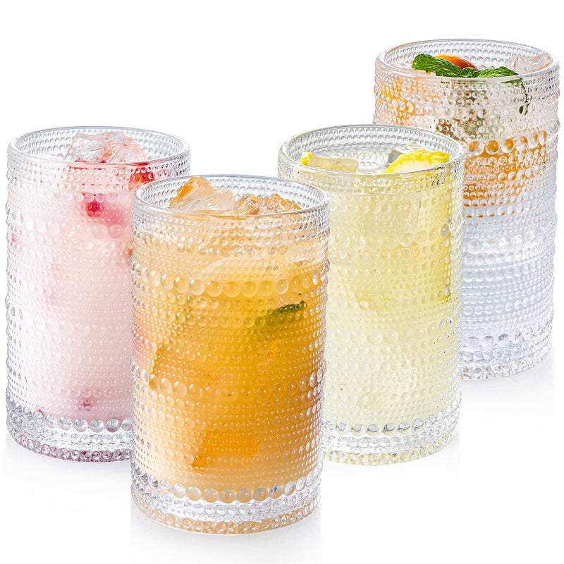 POLIDREAM Hobnail Drinking Glasses Set of 4 Art Deco Vintage Glassware 12 oz Tall Crystal Tumblers Clear Embossed Glass Cups Romantic Iced Beverage Glass for Beer Cocktail Soda Cappuccino
