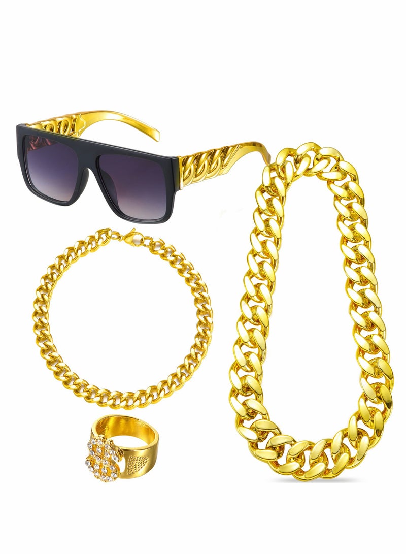 Retro Hip Hop Gold Chain Accessories Set with Glasses Necklace Ring and Bracelet - Image 1