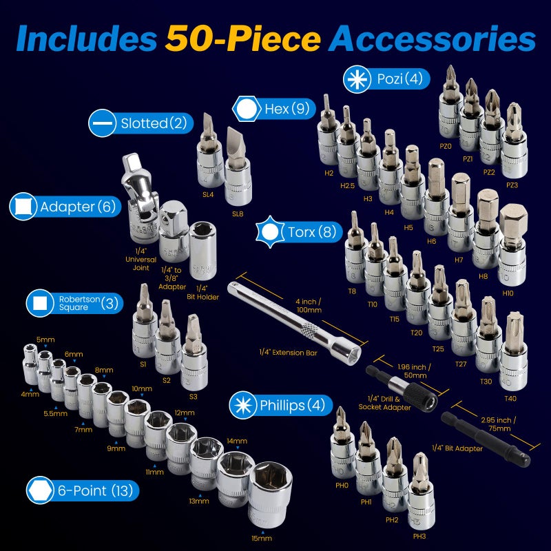 GIREORAN 50PCS Bike Torque Wrench Set, 1/4 Inch Torque Wrench(1~25 Nm/8.9~221.3 in-lb), 72-Tooth Gear, Dual-Direction Click Type, 0.1 Nm Micro, Inch Pound Torque Wrench with Bit Sockets, Bike Tool Kit - Image 2